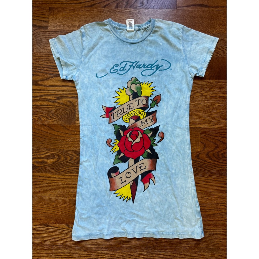 Ed Hardy Christian Audigier Tattoo Graphic T-Shirt Blue Acid Wash Women Medium